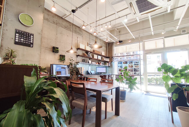 観葉植物が飾られた明るくおしゃれな不動産会社の店内